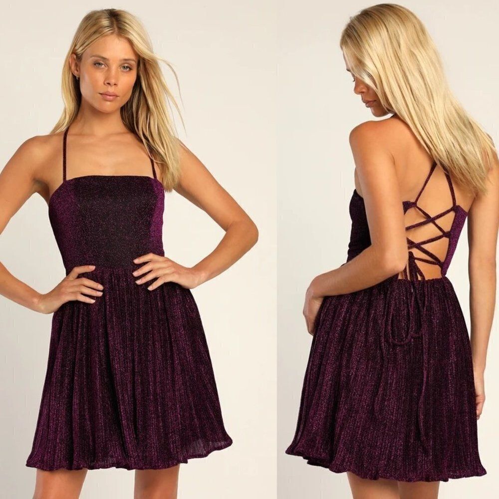 Lulu's Women Purple High Waisted Tops Lace-Up Pleated Skater Dress